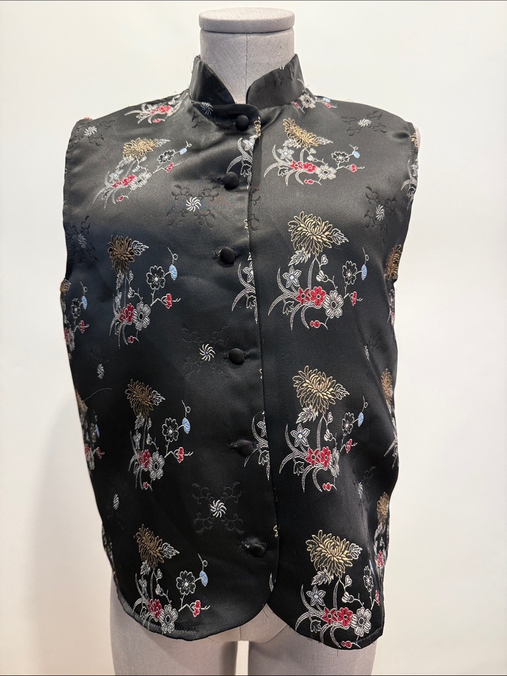 Traditional Black Floral Mandarin Collar Vest